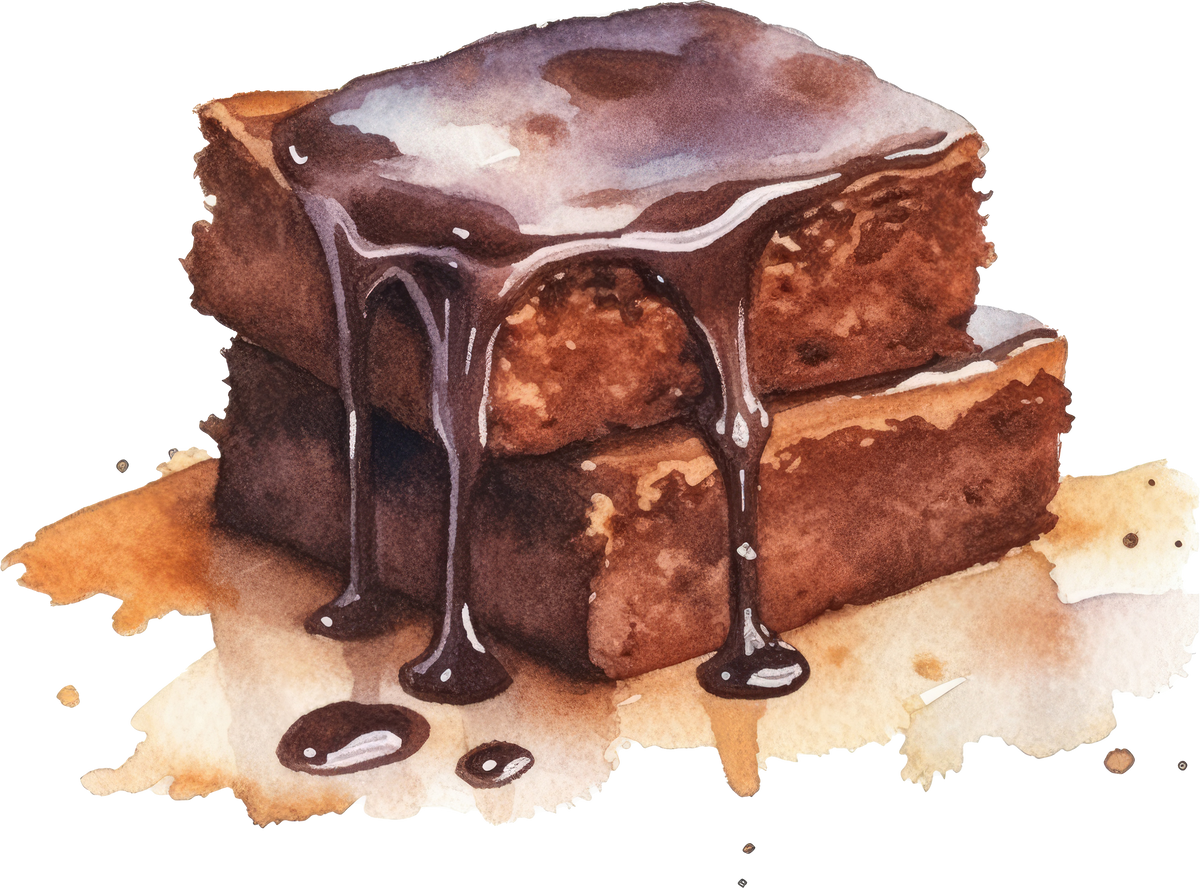 Pieces of chocolate brownie drawing by watercolor, hand drawn artistic painting illustration.